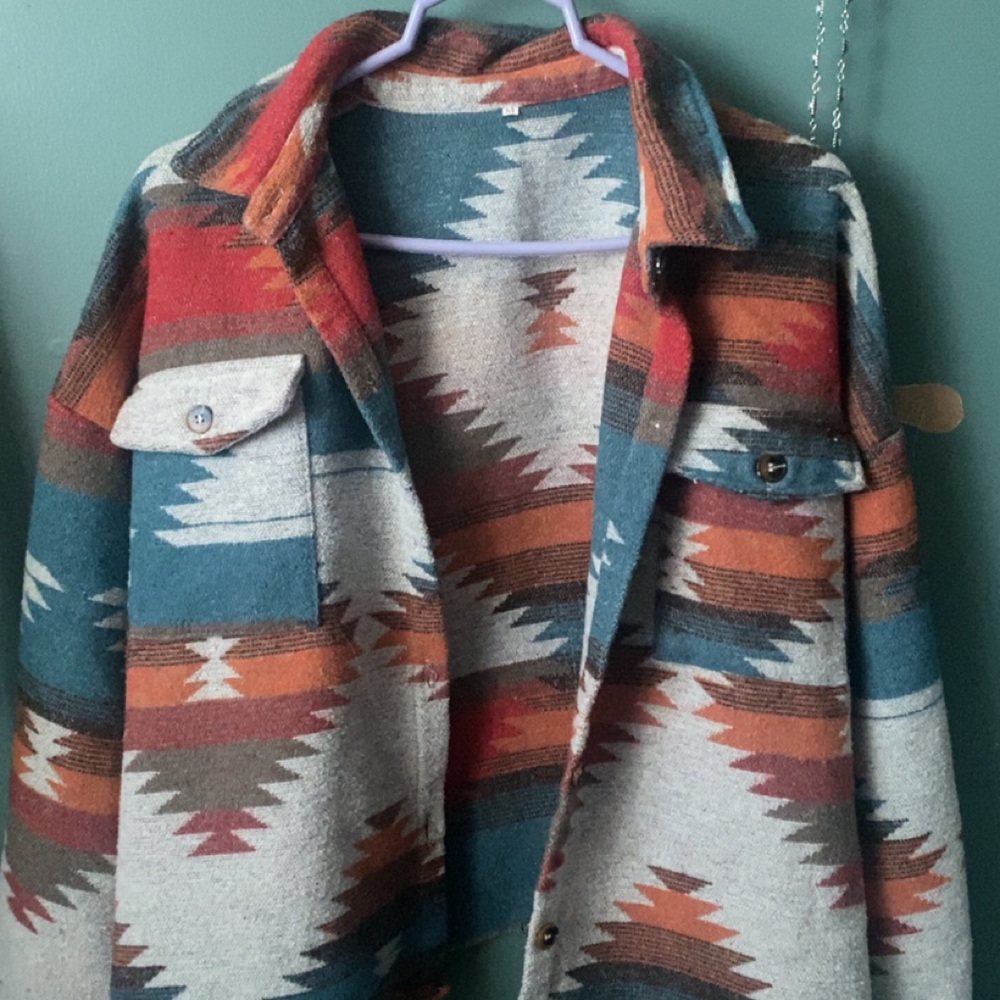 Southwest Patterned Aztec Shacket in Teal, Rust & Cream
